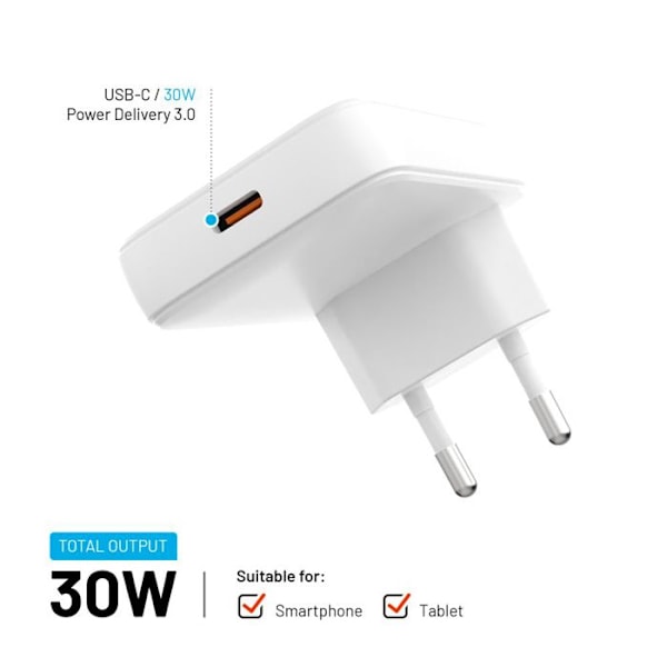 EU Kuldecharger, Type-C, 30W - Slim Fast (FIXCG30S-C-WH) - Hvid