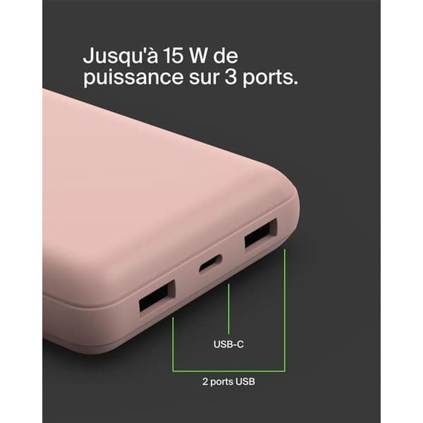 Extern batteri - BELKIN - 20 000 mAh - USB-A & USB-C - 15 W - Rosa Ros
