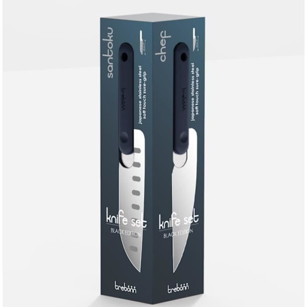 4 kappaleen musta veitsisetti (santoku, tarjoilu, leipä, kokki) Inox og Sort