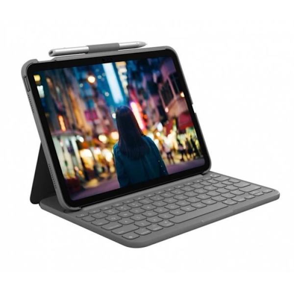 Logitech iPadille (10. sukupolvi) ohut Folio-näppäimistökotelo, jossa on sisäänrakennettu langaton näppäimistö (grafiitti) - englanti