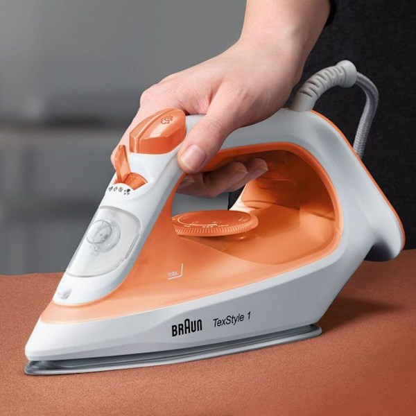 Braun TexStyle 1 SI 1009, dampstrygejern, non-stick strygesål, 1,9 m, 25 g/min, Orange, Hvid, 120 g/min.