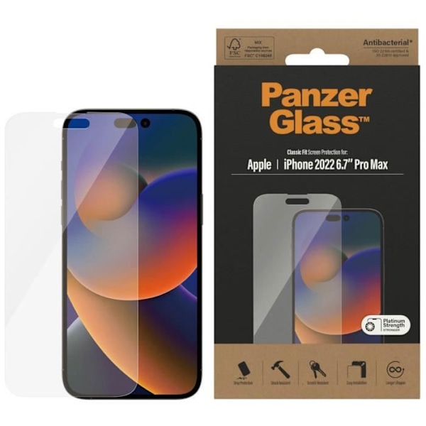 PanzerGlass iPhone 14 Pro Max Anti-Bakterie skærmbeskytter i hærdet glas Gennemsigtig