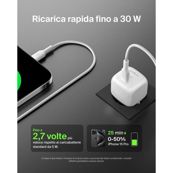 Belkin USB-C Snabbladdare 30W Vägg för iPhone iPad Samsung Galaxy Vit Vit