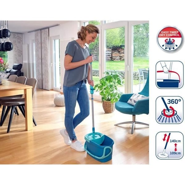 Set med moppe og centrifugee i Leifheit Clean Twist Disc Ergo 52101, klud med frynsedæk og teleskophåndtag, spand 6 L turkos/grå
