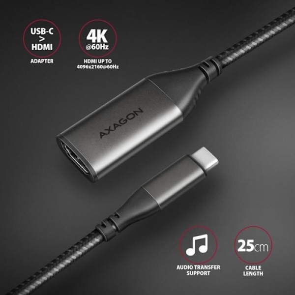 AXAGON RVC-HI2M USB-C til HDMI 2.0-adapter, 4K/60Hz, aluminium - 25 cm - 8595247907141