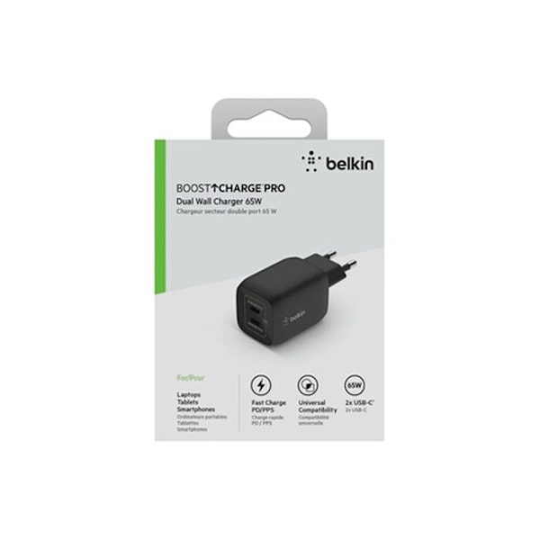 Laddare 65W - Belkin - 2 USB-C-portar - Power Delivery - Svart