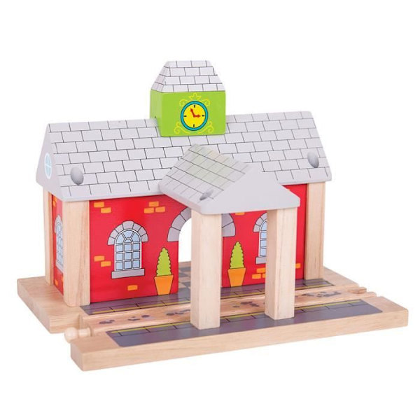 BigJigs træbanegård - Trælegetøj til børn - Togstationsmodel - Rød farve - Alder fra 3 år Beige, röd och grå