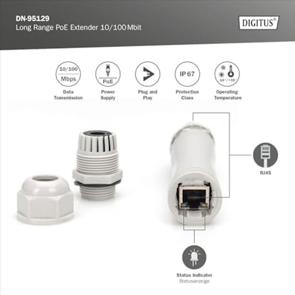 DIGITUS PoE Extender - 10/100 Mbps - 100 m kantama - IP67 suojausluokka - Power Over Ethernet -standardit