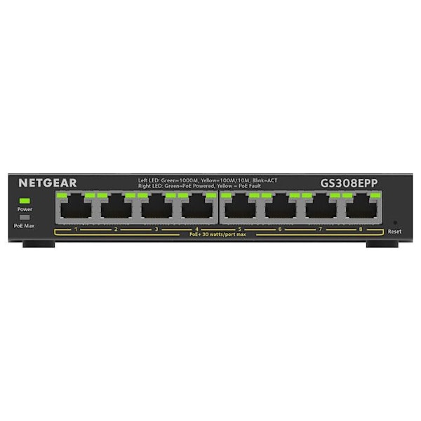 Switch Ethernet PoE 8 Porte - NETGEAR - GS308EPP - Smart Administrerbar - Stille - 124 W