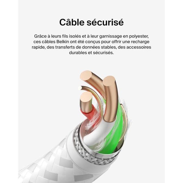 Flätad kabel - BELKIN - USB-C till USB-A - 1 m - Vit Vit