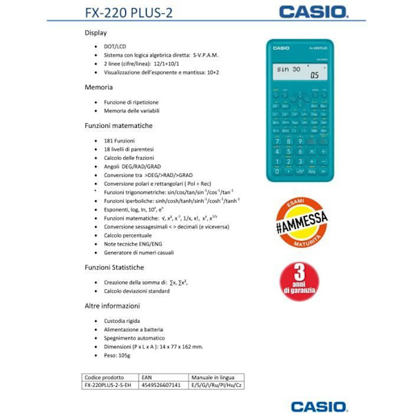 Lommeregner - Casio - Fx-220 Plus-2 - 10 cifre - 2 linjers skærm - Blå