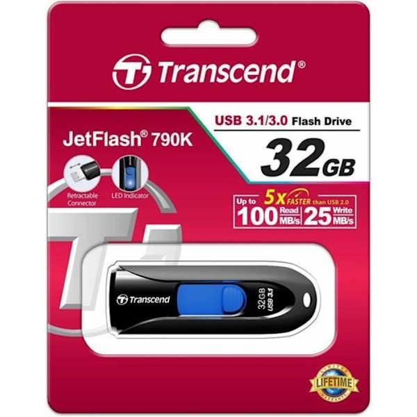 USB-nyckel - TRANSCEND - JETFLASH 790 - 32 GB - USB 3.0 - Svart
