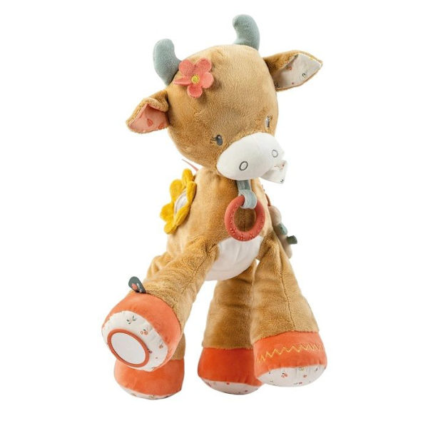Aktivitets bamse - Nattou - Ko Mila - 45 cm - Integreret rasle - Bidering - Spejl orange