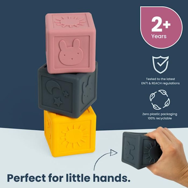 Bigjigs Toys 3 silikonista aistikuutiota, pehmeä pinottava lelu vauvoille, pinottavat palikat, lapsille alkaen 3 kuusta. Flerfarvet