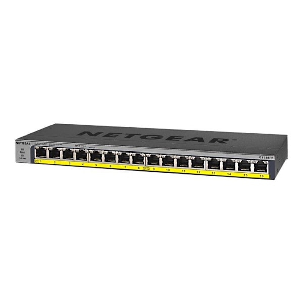 Commutator - NETGEAR - GS116LP - 16 Gigabit-portar - PoE+ 76W - Rackbar och väggmonterad Svart
