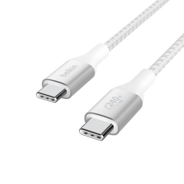 Belkin 240W USB-C til USB-C-kabel - forstærket (hvid) - 2m - 2m flettet jakke oplade- og synkroniseringskabel USB-C