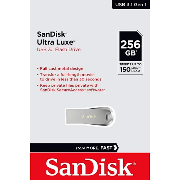 USB-avain - SanDisk - Ultra Luxe - 256 Gt - USB 3.1 - Nopeus jopa 150 MB/s