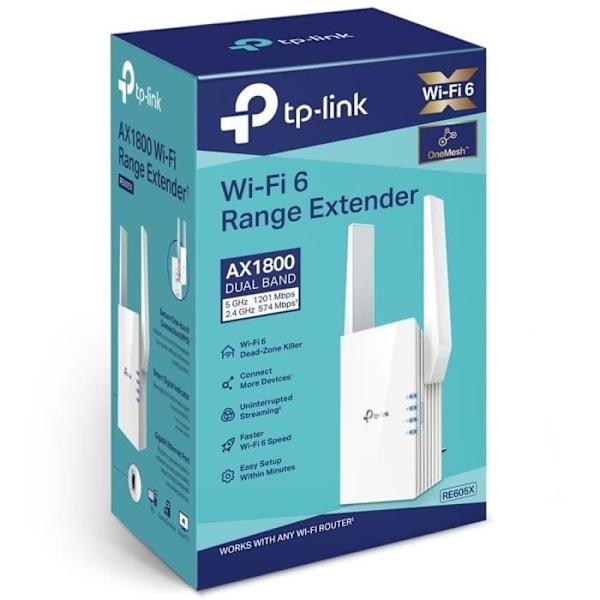Kraftfull WiFi 6 repeater AX1800 Mbps - TP-Link RE605X - Täcker upp till 100 m² - Dual band - Kompatibel med alla boxar