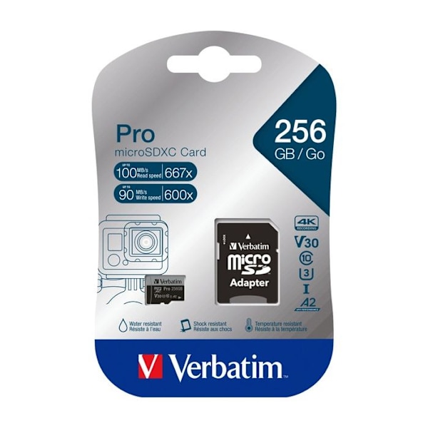 Verbatim PRO U3 flashhukommelseskort - 256 GB - microSDXC UHS-I - A2 / UHS-I U3 / Class10
