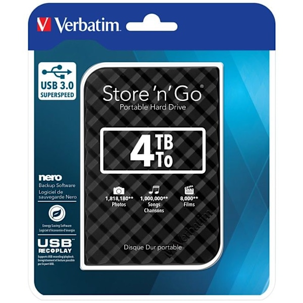 VERBATIM Store 'N' Go GEN ekstern harddisk - 4 TB - USB 3.0 - Sort