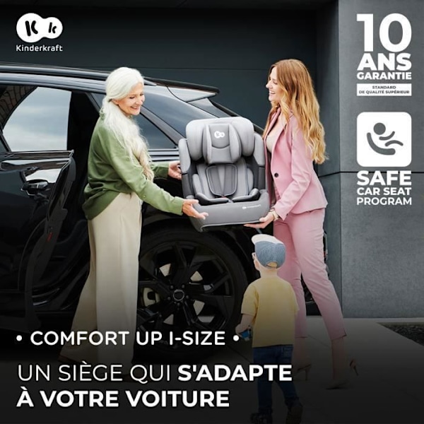 I-size auton istuin 76-150 cm - KINDERKRAFT COMFORT UP2 - Säädettävä pääntuki - Nopea asennus - 15 kuukautta - 12 vuotta - Harmaa grå