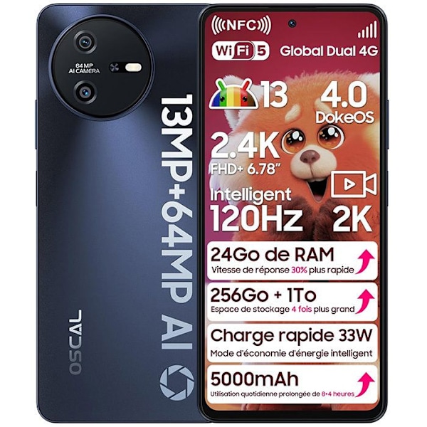 Avaamaton Oscal Tiger 12 6,78 tuumaa 24Go+256Go-SD 1To Kamera 64MP 5000mAh Android 13 NFC Kaksois-SIM GPS - Harmaa grå