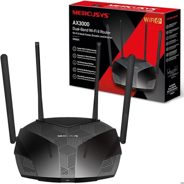 WiFI 6 AX3000Mbps router - MERCUSYS MR80X - Dual Band - 160 MHz kanal - 4 5dBi-antenner, MU-MIMO, WPA3 - 4 Gigabit-portar Svart