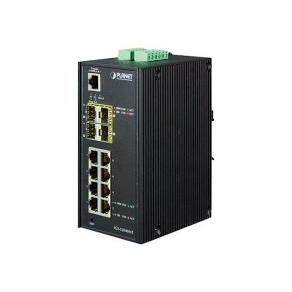 PLANET IGS-12040MT Managed Switch 8 x 10-100-1000 + 4 x Gigabit SFP DIN-skinnemontering, vægmontering 24V AC - 12 72V...