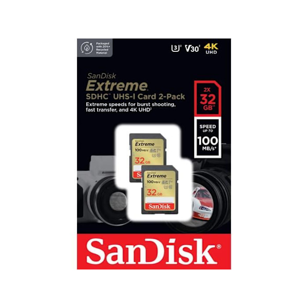 SanDisk 32 GB Extreme SDHC-kort (2-pack) + RescuePRO Deluxe - Klass 10 - U3 - V30