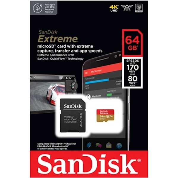 SanDisk Extreme 64 GB UHS-Klasse 3 microSD-kort, stødmodstand, vandtæt