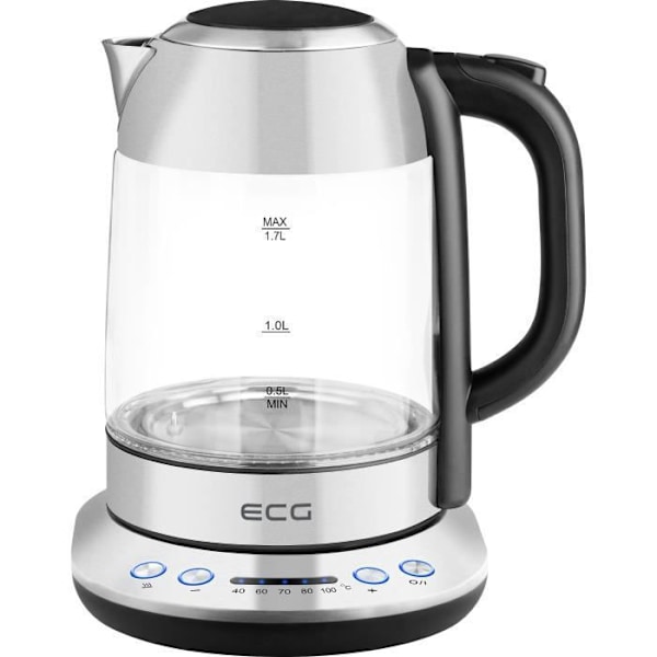 Elkedel - ECG - RK 1781 Glas – 1,7 L – Justerbar temperatur 40–100 °C – Varmholdelse – Hærdet glas & rustfrit stål