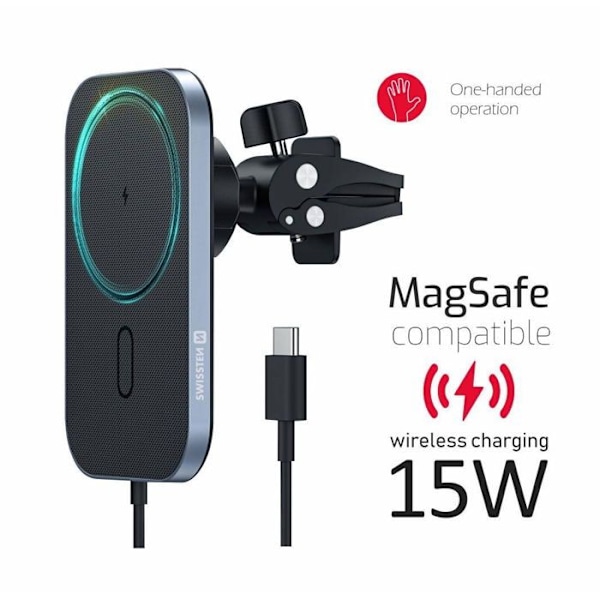 Swisstenin magneettinen auton tuki langattomalla latauksella 15W (yhteensopiva MagSafe)