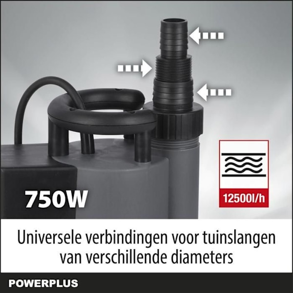 Powerplus Sähkökäyttöinen Vedepumppu POWEW67920 - 750 W Uppopumppu, Maksimilämpötila 35°C ja Virtaama 12.500 l/h grå