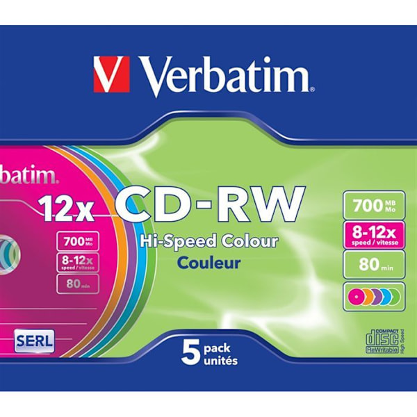 Verbatim CD-RW - Pakke med 5 - Slankt etui - 700 MB - 80 min - 12x hastighed