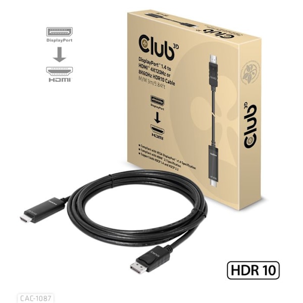 DisplayPort 1.4 - HDMI 4K120Hz tai 8K60Hz HDR10 Kaapeli 3m M/M - CLUB 3D