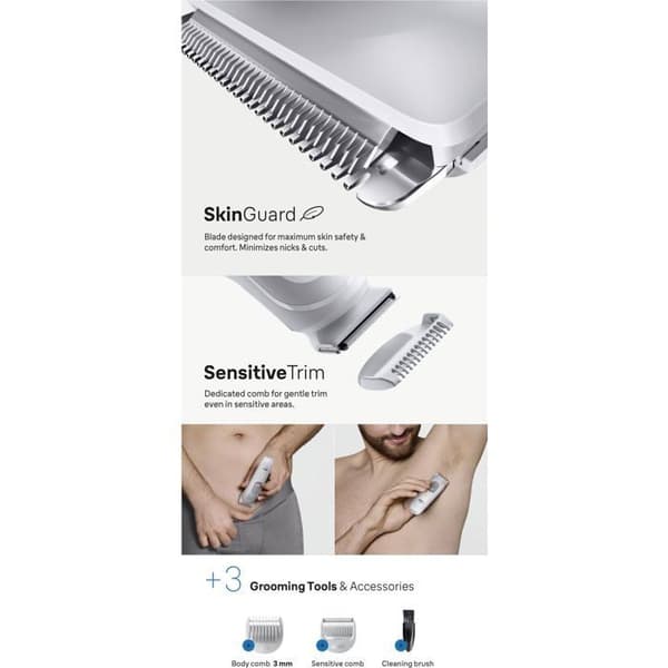 kroppstrimmer vit - Braun - Serie 3 - SkinGuard - SensitiveTrim - 100 % vattentät - 80 min batteritid - Batteri