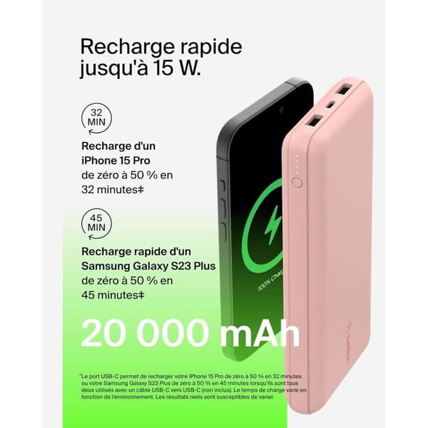 Extern batteri - BELKIN - 20 000 mAh - USB-A & USB-C - 15 W - Rosa Ros