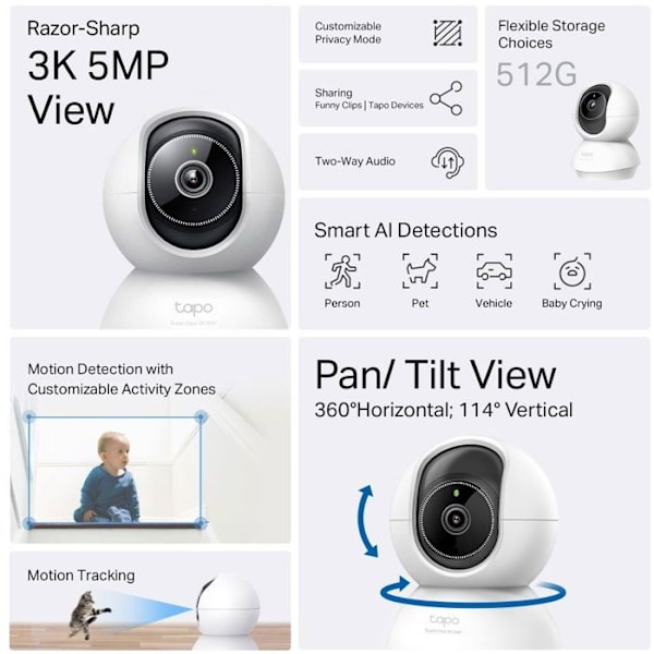 TP-Link Tapo C230, säkerhetskamera 3K 5MP Pan/Tilt AI WiFi
