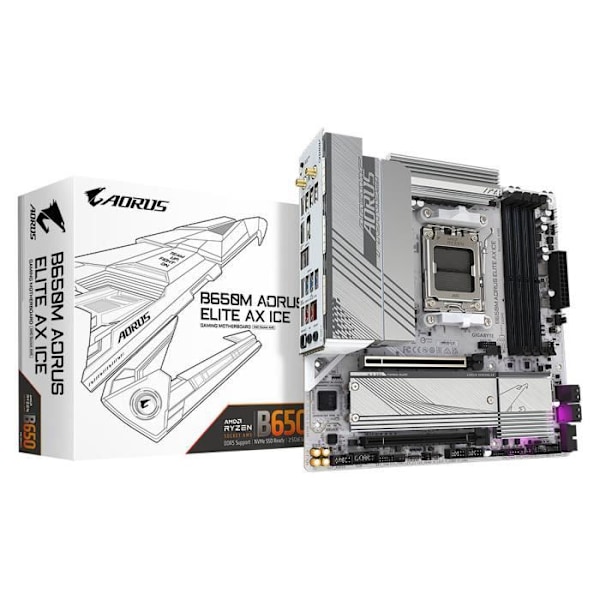 Gigabyte B650M AORUS ELITE AX ICE - Micro ATX Socket AM5 AMD B650 moderkort - 4x DDR5 - M.2 PCIe 5.0 - USB 3.2 - PCI-Express 4.0 16