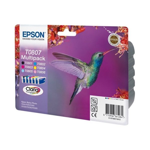 EPSON Claria T0807 Inkjet Cartridge - Cyan, Magenta, Gul, Sort, Light Cyan, Light Magenta - Inkjet - 6 / Pack