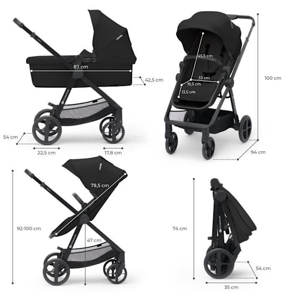 Kombineret 4-i-1 Barnevogn - KINDERKRAFT NEWLY - med Autostol og I-size base - Rejse system - Letvægts 7,5 kg - Foldbar - Sort