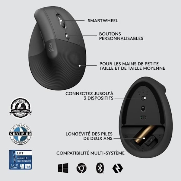Ergonomisk mus - Logitech - Lift til erhverv - Stille - Grafit - Trådløs