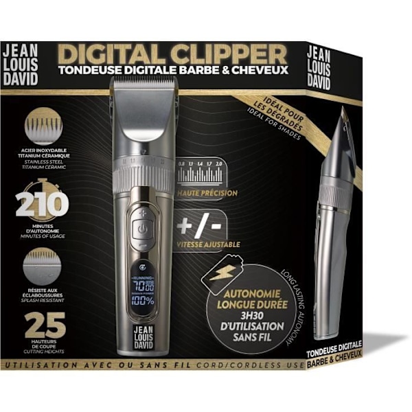 Hår- og skægtrimmer - JEAN LOUIS DAVID - Digital Klipper - 25 klippehøjder - Lithium-Ion Batteri - Lang batterilevetid grå