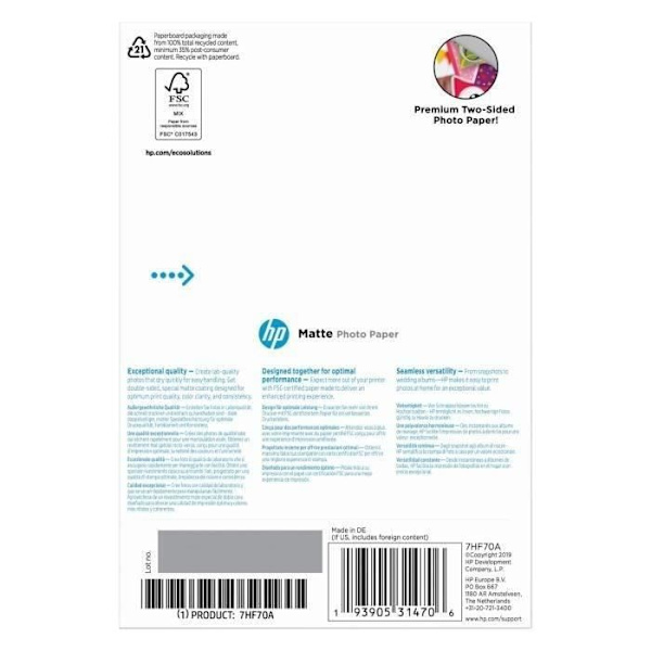 HP:n mattavalokuvapaperi - 180 g/m2 - 10 x 15 cm - 25 arkkia (7HF70A)