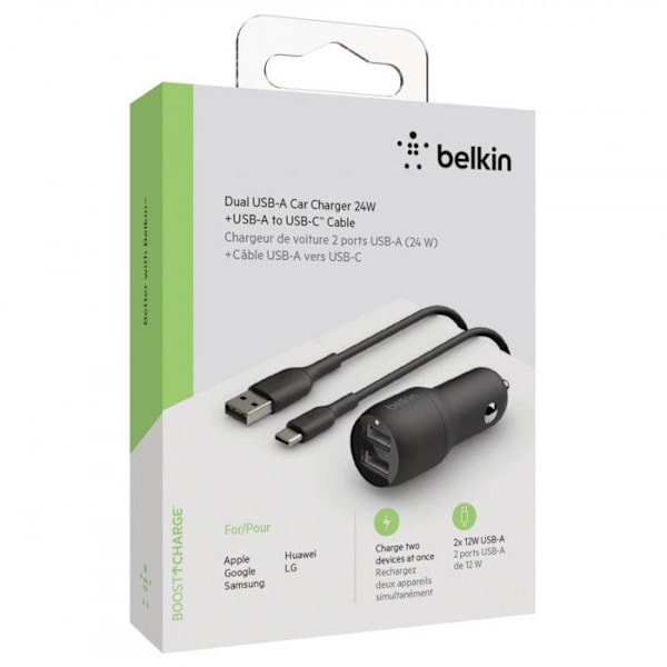 Biloplader - BELKIN - DUAL USBA CAR CHARG 1M - 2 USB-A porte - 24W - Sort sort