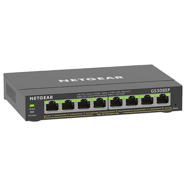 Switch Ethernet PoE 8 portar - NETGEAR - GS308EP - Smart hanterbar - Tyst - 62 W Svart