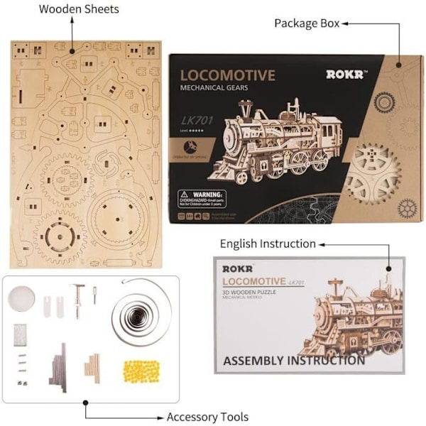 ROKR Træmodelsæt Laserskæring 3D-puslespil Trælokomotiv-håndværksmodel med mekanisk udstyrslegetøj til drenge og piger
