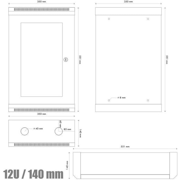 Datacom 10 12U/140 mm (plade) sort