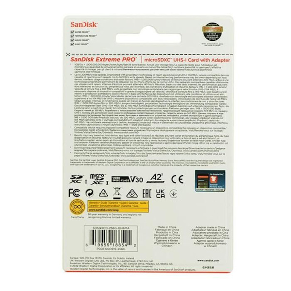 Minneskort - SanDisk - Extreme Pro - 256Go - Hastighet 200MB/s - UHS-I U3 V30