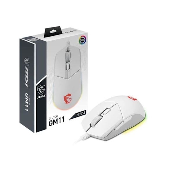 Kablet gaming mus - MSI - CLUTCH GM11 WHITE - PMW-3325 5000 DPI optisk sensor - RGB-belysning hvid